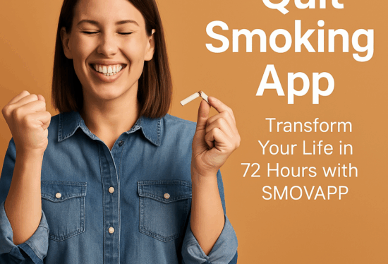 Happy woman celebrating after quitting smoking, holding a broken cigarette beside the text “Quit Smoking App – Transform Your Life in 72 Hours with SMOVAPP.