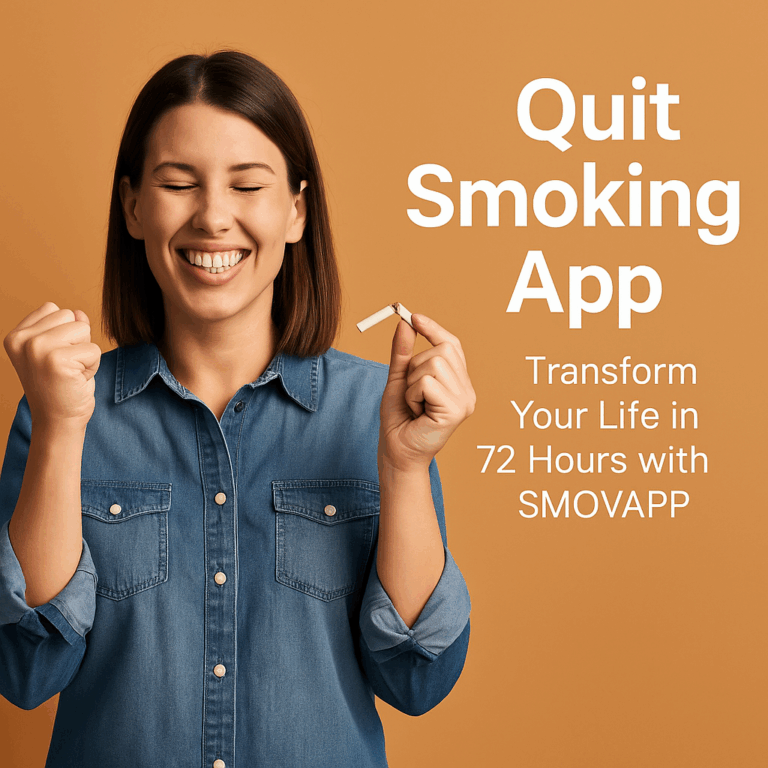 Happy woman celebrating after quitting smoking, holding a broken cigarette beside the text “Quit Smoking App – Transform Your Life in 72 Hours with SMOVAPP.